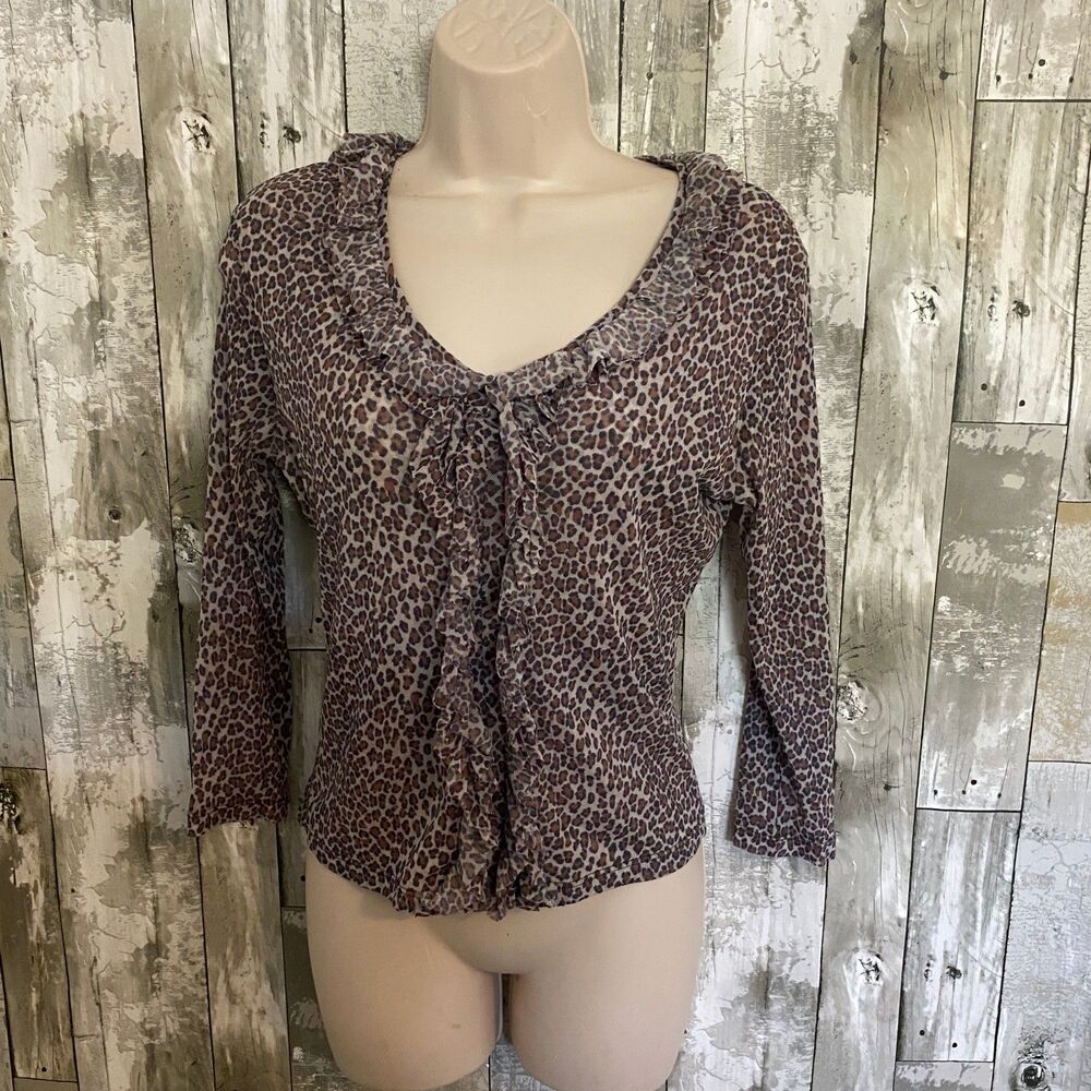 Y2K secrets leopard print nylon v-neck ruffle top Small